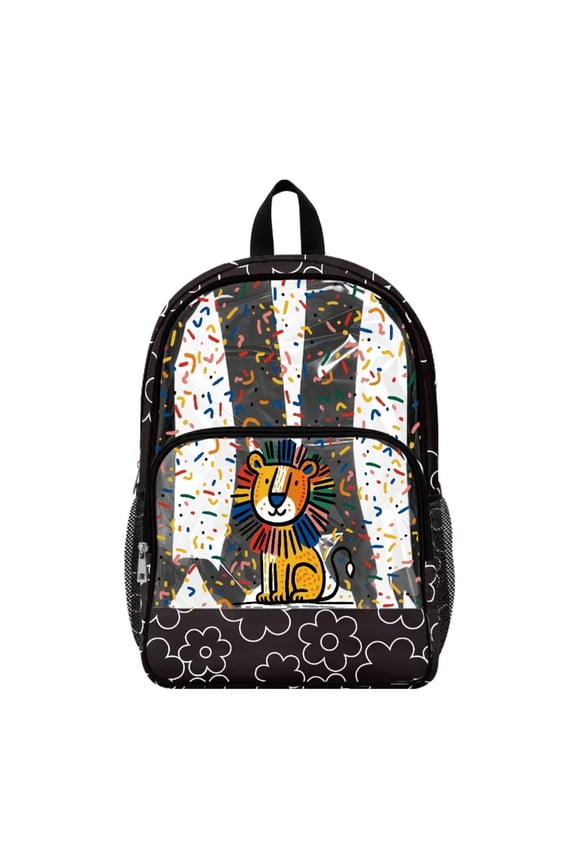 Clear Backpack 17 Inch, Heavy Duty Fabric & PVC Transparent Bookbag for Boys Girls, Lion Confetti Print See Through Backpack for School and Security