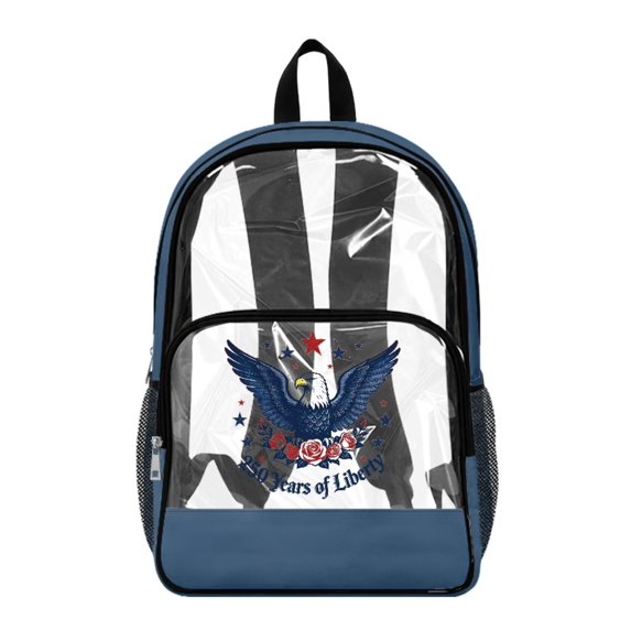 ZIATUBLES Clear Backpack 17 Inch, Heavy Duty Fabric & PVC Transparent Bookbag with Eagle Liberty Roses Print, Large Capacity See Through Backpack for Women Men School