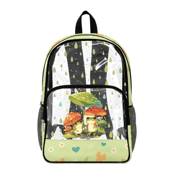 ZIATUBLES Clear Backpack 17 Inch, Heavy Duty Fabric & PVC Transparent Bookbag with Rainy Frog Mushroom Print, Large Capacity See Through Backpack for Women Men School