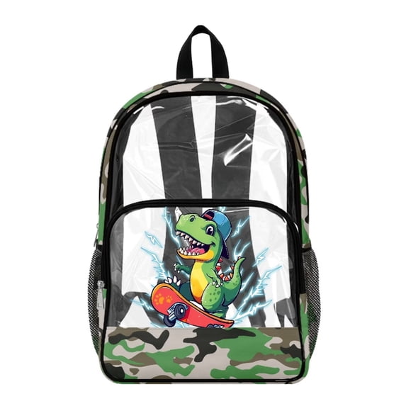 ZIATUBLES Clear Backpack 17 Inch, Heavy Duty Fabric & PVC Transparent Bookbag with Skateboard Dinosaur Camo Print, Large Capacity See Through Backpack for Women Men School