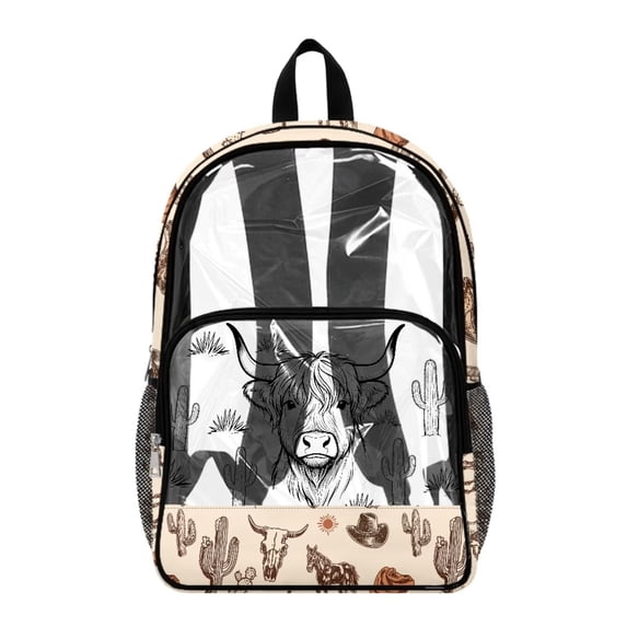 ZIATUBLES Clear Backpack 17 Inch, Heavy Duty Fabric & PVC Transparent Bookbag with Western Highland Cow Cactus Print, Large Capacity See Through Backpack for Women Men School