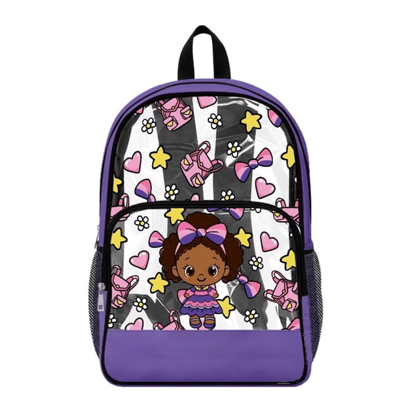 ZIATUBLES Clear Backpack 17 Inch, Heavy Duty Fabric & PVC Transparent Bookbag with violet Bow Girl Star Heart Print, Large Capacity See Through Backpack for Women Men School