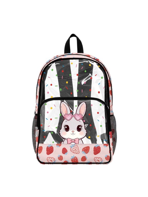 Clear Backpack 17 Inch, Heavy Duty See Through Bookbag with Front Pockets & Side Mesh, Bunny Strawberry Sprinkle Print Fabric & PVC Transparent Bag for School, Work & Security