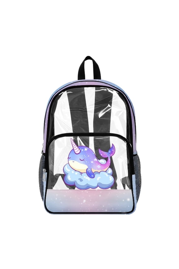 Clear Backpack 17 Inch, Heavy Duty See Through Bookbag with Front Pockets & Side Mesh, Cloud Narwhal Print Fabric & PVC Transparent Bag for School, Work & Security