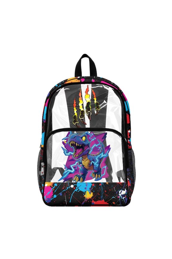 Clear Backpack 17 Inch, Heavy Duty See Through Bookbag with Front Pockets & Side Mesh, Graffiti T Rex Print Fabric & PVC Transparent Bag for School, Work & Security