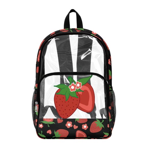 ZIATUBLES Clear Backpack 17 Inch, Heavy Duty See Through Bookbag with Front Pockets & Side Mesh, Strawberry Print Fabric & PVC Transparent Bag for School, Work & Security
