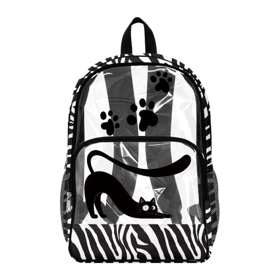 ZIATUBLES Clear Backpack Heavy Duty 17 Inch, Black Cat Paw Print Print Fabric & PVC Transparent Bookbag With Front & Side Pockets, Sturdy See Through Backpack for School Security