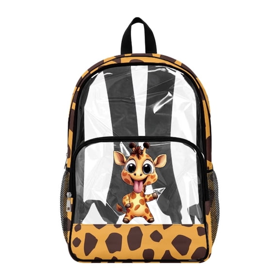 ZIATUBLES Clear Backpack Heavy Duty 17 Inch, Cartoon Giraffe Spot Print Fabric & PVC Transparent Bookbag With Front & Side Pockets, Sturdy See Through Backpack for School Security