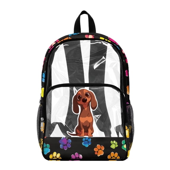 ZIATUBLES Clear Backpack Heavy Duty 17 Inch, Dachshund Colorful Paw Print Fabric & PVC Transparent Bookbag With Front & Side Pockets, Sturdy See Through Backpack for School Security