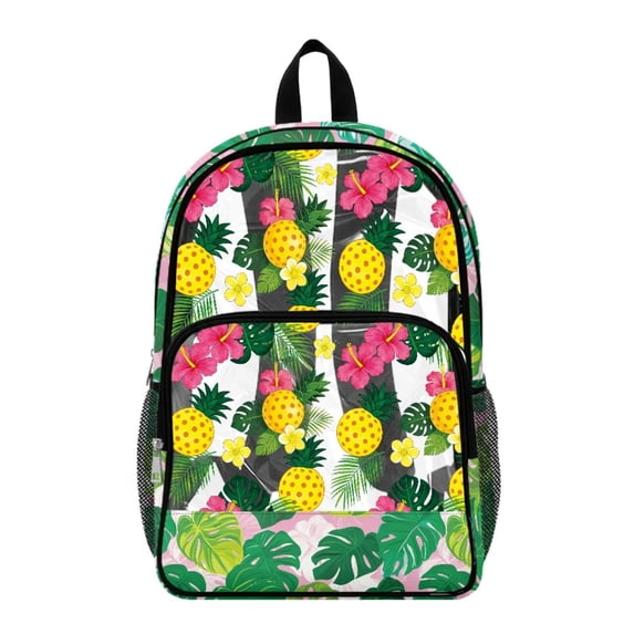 ZIATUBLES Clear Backpack Heavy Duty 17 Inch, Tropical Pineapple Hibiscus Print Fabric & PVC Transparent Bookbag With Front & Side Pockets, Sturdy See Through Backpack for School Security
