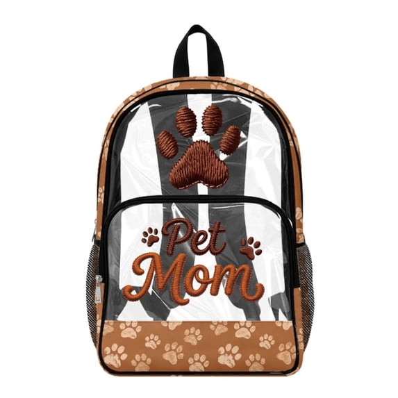 ZIATUBLES Clear Backpack Heavy Duty, Brown Pet Mom Paw Print Fabric & PVC Transparent Bag, Large Capacity See Through Backpack for School College Work Travel Security