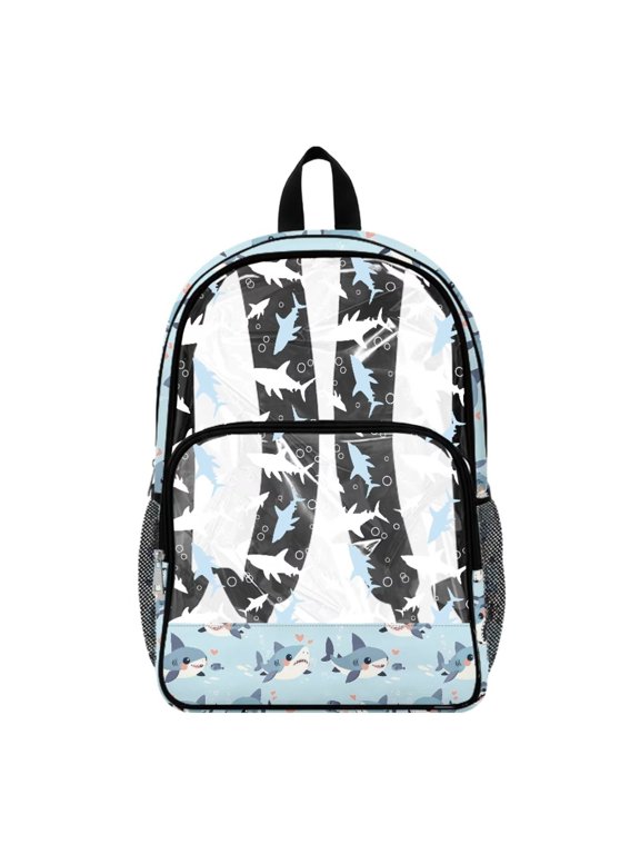 Clear Backpack Heavy Duty, Cute Shark Ocean Printed Fabric & PVC Transparent Bookbag with Reinforced Strap, Large Capacity See Through Backpack for School, Travel