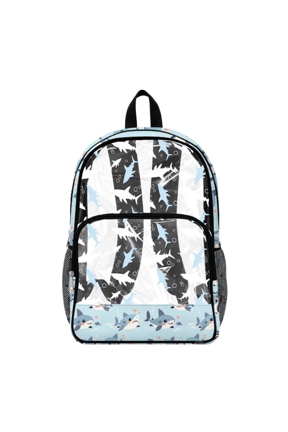 Clear Backpack Heavy Duty, Cute Shark Ocean Printed Fabric & PVC Transparent Bookbag with Reinforced Strap, Large Capacity See Through Backpack for School, Travel