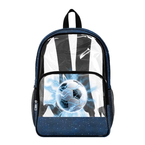 ZIATUBLES Clear Backpack Heavy Duty, Electric Soccer Ball Printed Fabric & PVC Transparent Bookbag with Reinforced Strap, Large Capacity See Through Backpack for School, Travel