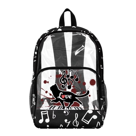 ZIATUBLES Clear Backpack, Heavy Duty Fabric & PVC Transparent Bookbag 17 Inch with Cat Music Print, Large Capacity See Through Bag for School Travel Security