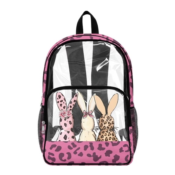 ZIATUBLES Clear Backpack, Heavy Duty Fabric & PVC Transparent Bookbag 17 Inch with Leopard Bunnies Print, Large Capacity See Through Bag for School Travel Security
