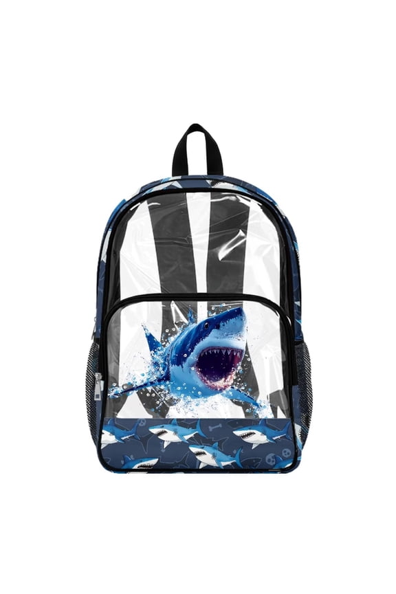Clear Backpack, Heavy Duty Fabric & PVC Transparent Bookbag 17 Inch with Shark Ocean Print, Large Capacity See Through Bag for School Travel Security