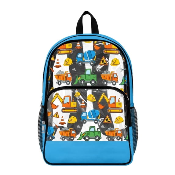 ZIATUBLES Clear Backpack, Heavy Duty Fabric & PVC Transparent Bookbag with Construction Vehicles Print, Large Capacity See Through Backpack for School College Work Travel Security