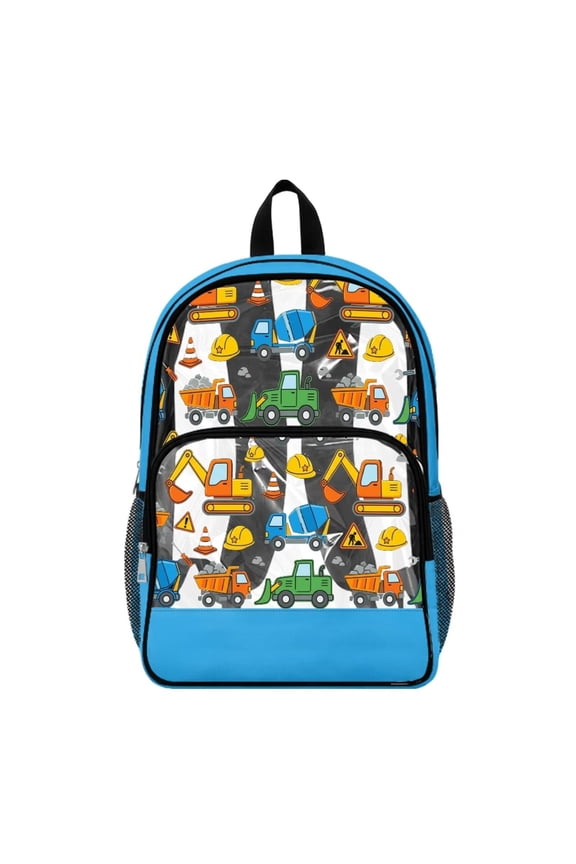 Clear Backpack, Heavy Duty Fabric & PVC Transparent Bookbag with Construction Vehicles Print, Large Capacity See Through Backpack for School College Work Travel Security