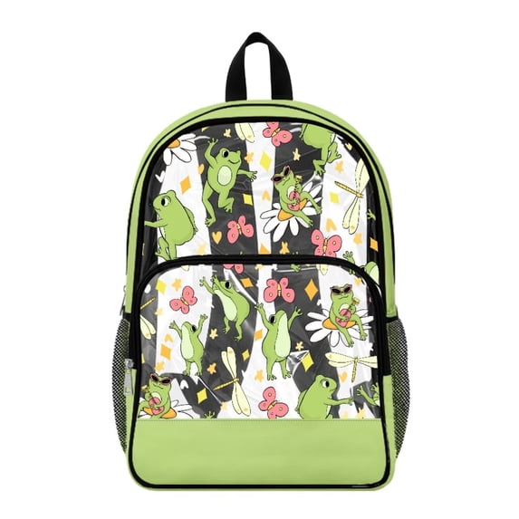 ZIATUBLES Clear Backpack, Heavy Duty Fabric & PVC Transparent Bookbag with Frog Daisy Butterfly Dragonfly Print, Large Capacity See Through Backpack for School College Work Travel Security