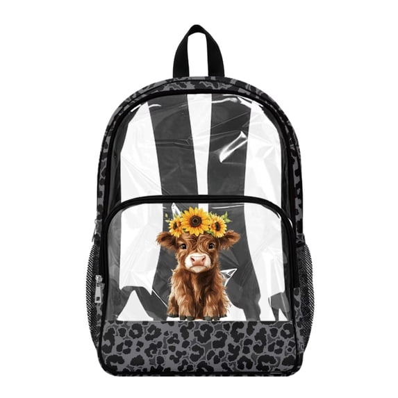 ZIATUBLES Clear Backpack, Heavy Duty Fabric & PVC Transparent Bookbag with Highland Cow Sunflower Leopard Print, Large Capacity See Through Backpack for School College Work Travel Security