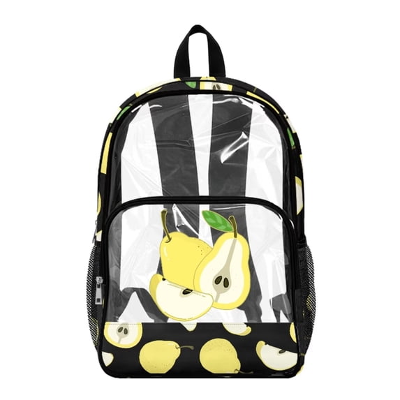 ZIATUBLES Clear Backpack, Heavy Duty Fabric & PVC Transparent Bookbag with Pear Print, Large Capacity See Through Backpack for School College Work Travel Security