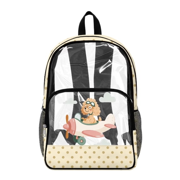 ZIATUBLES Clear Backpack, Heavy Duty Fabric & PVC Transparent Bookbag with Poodle Airplane Print, Large Capacity See Through Backpack for School College Work Travel Security