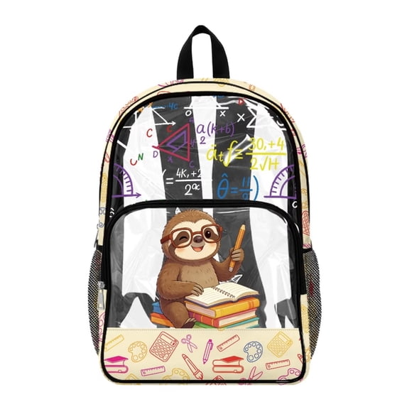 ZIATUBLES Clear Backpack, Heavy Duty Fabric & PVC Transparent Bookbag with Sloth Math Print, Large Capacity See Through Backpack for School College Work Travel Security