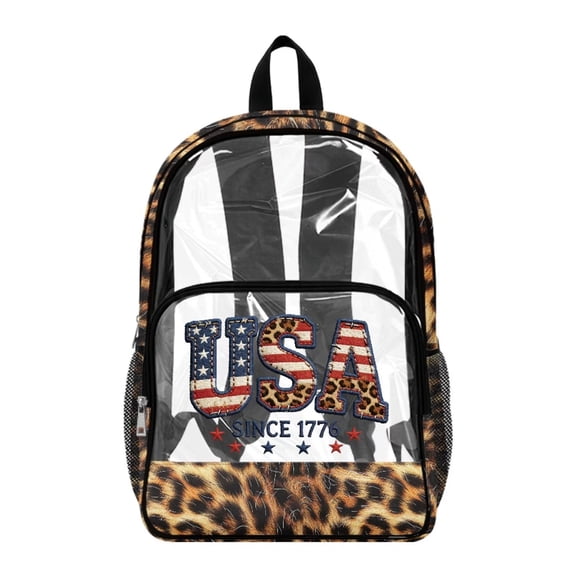ZIATUBLES Clear Backpack, Heavy Duty Fabric & PVC Transparent Bookbag with USA Leopard Flag Print, Large Capacity See Through Backpack for School College Work Travel Security