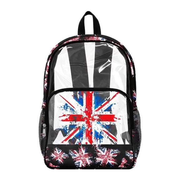 ZIATUBLES Clear Backpack, Heavy Duty Fabric & PVC Transparent Bookbag with Union Jack Graffiti Print, Large Capacity See Through Backpack for School College Work Travel Security
