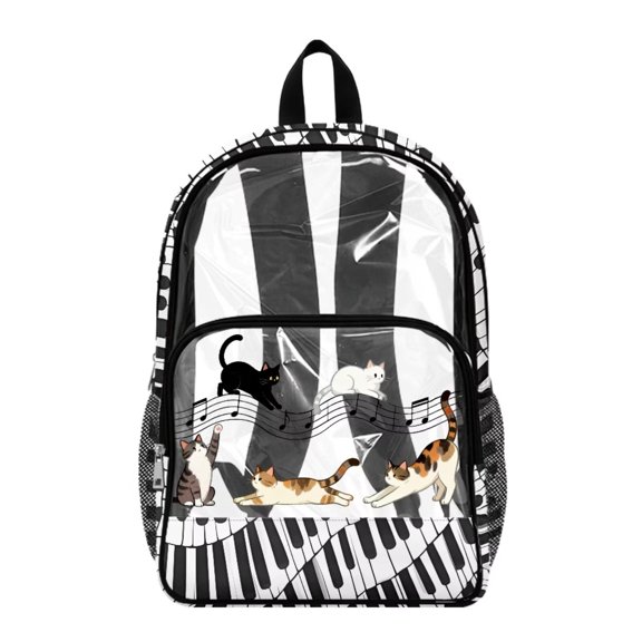 ZIATUBLES Clear Backpack Heavy Duty, Piano Key Cat Melody Print Fabric & PVC Transparent Bag, Large Capacity See Through Backpack for School College Work Travel Security
