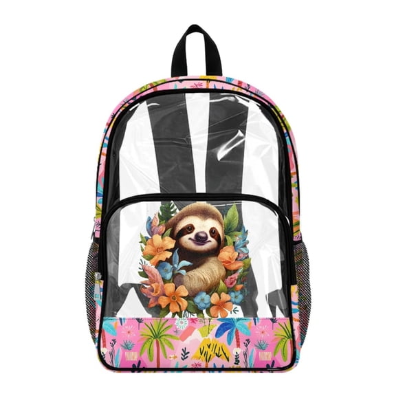 ZIATUBLES Clear Backpack Heavy Duty, Tropical Sloth Flower Printed Fabric & PVC Transparent Bookbag with Reinforced Strap, Large Capacity See Through Backpack for School, Travel