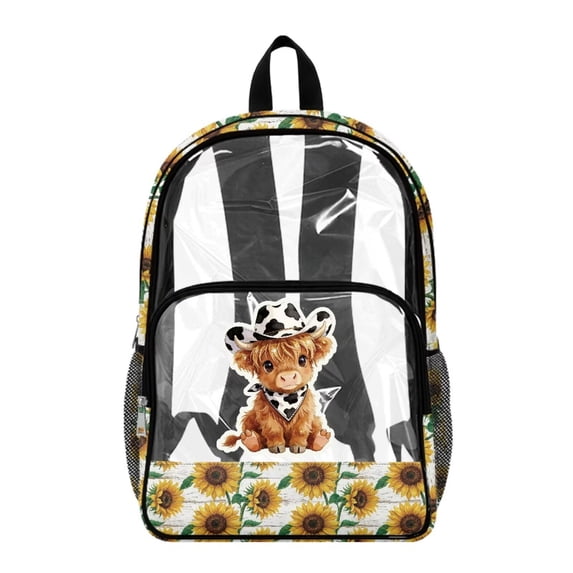 ZIATUBLES Clear Backpack for School, Heavy Duty Fabric & PVC Transparent Bookbag with Highland Cow Sunflower Print, Large Capacity See Through Bag for College Women Men Travel
