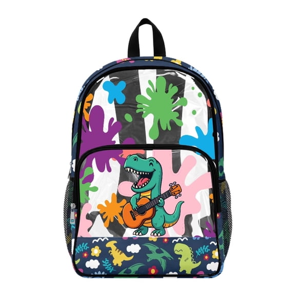 ZIATUBLES Clear Backpack for School, Heavy Duty Fabric & PVC Transparent Bookbag with Rocking Dinosaur Paint Splatter Print, Large Capacity See Through Bag for College Women Men Travel