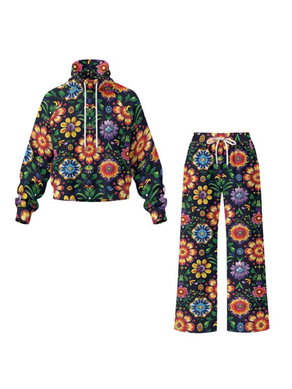 Colorful Folk Floral Loose Fit Tracksuit Set for Women Long Sleeve Sweatshirt and Wide Leg Pants Cozy Casual Outfits for Daily Wear Travel, XS