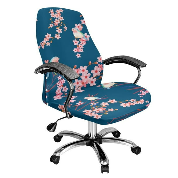 ZIATUBLES Computer Office Chair Cover Bird Flower Blue Printed Removable Chair Protector Slipcover with Elastic Band Washable Soft Universal Rotating Chair Cover, S