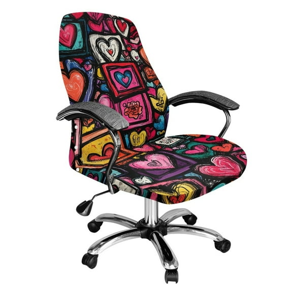 ZIATUBLES Computer Office Chair Cover Stretch Doodle Heart Printed Removable Chair Protector Slipcover with Elastic Band Washable Soft Universal Rotating Chair Cover, S