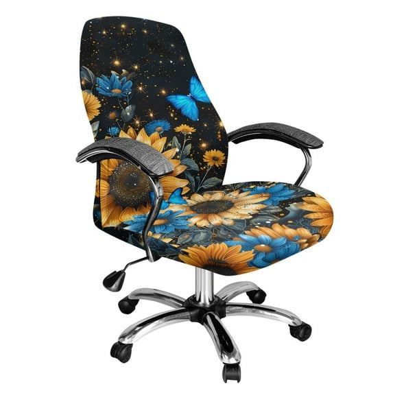 ZIATUBLES Computer Office Chair Cover Universal Soft Desk Rotating Slipcover Removable Washable Home Office Chair Protector Cover with Snap Button, L, Sunflower Butterfly