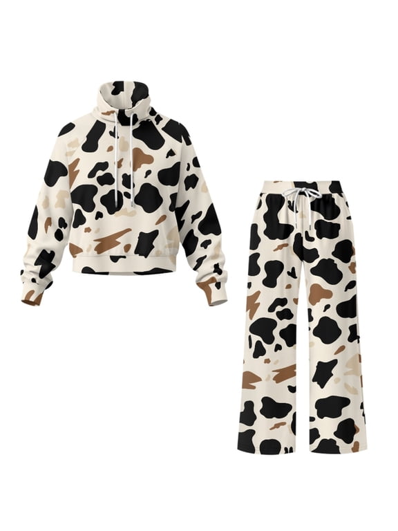 Cow Print 2 Piece Outfits for Women Long Sleeve Pullover and Wide Leg Pants Casual Cozy Track Suit Set for Getaways Weekend Trips Daily Wear, L