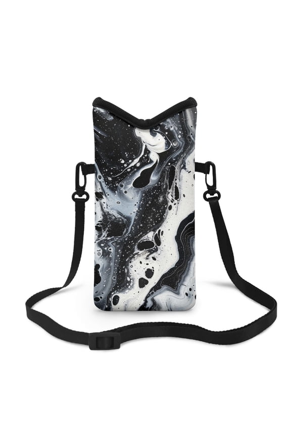 Crossbody Phone Pouch Soft Neoprene Cellphone Bag Portable Phone Sleeve Case with Adjustable Strap Top Opening Phone Purse, 4 X 8 Inch, Black White Marble