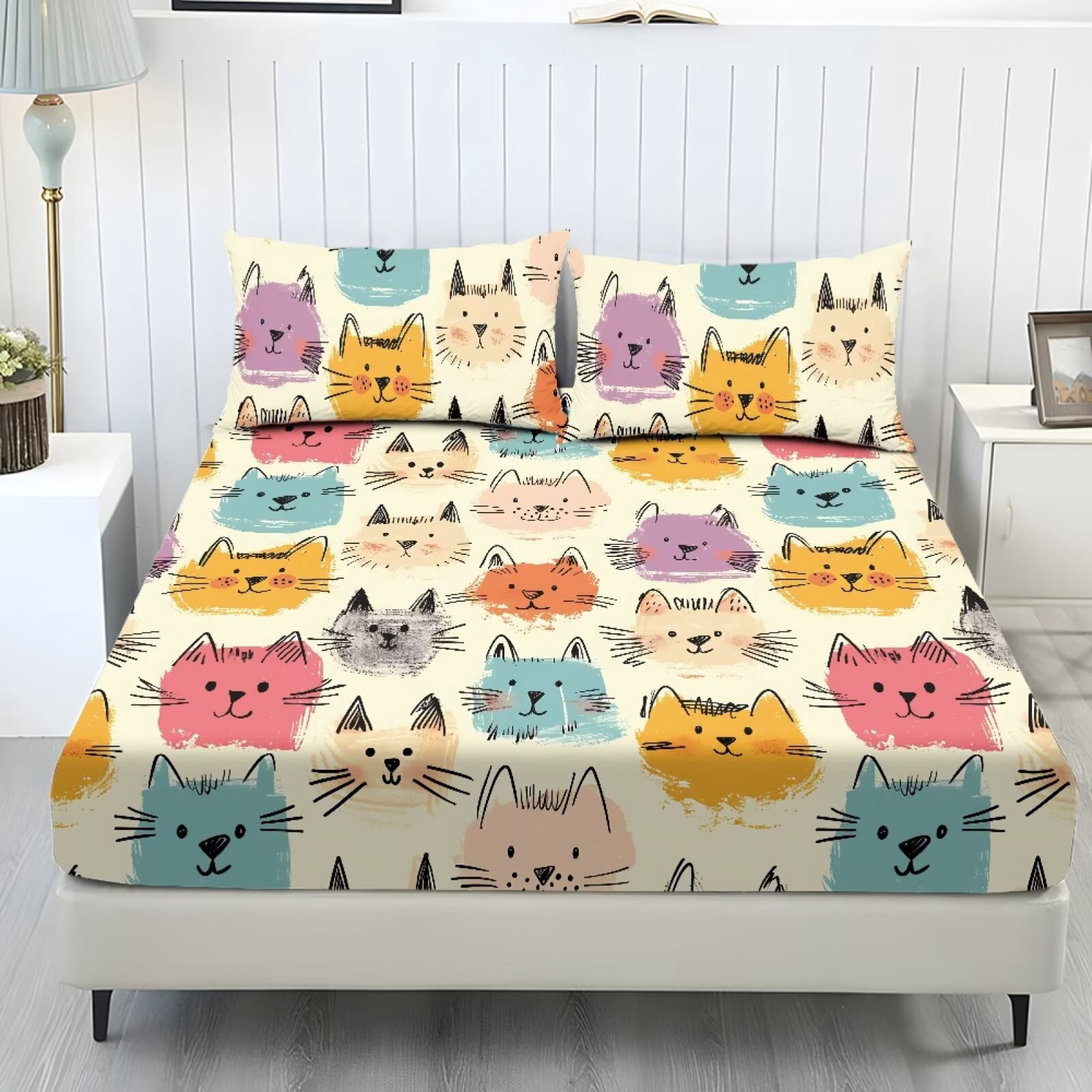 ZIATUBLES Cute Cat Leopard Print Sheets Set 3 Pcs Full Size, Cooling Polyester Spandex Bed Sheets Set with Wrinkle Resistant Standard Pocket 9.8 Inches(1 Fitted Sheet, 2 Pillowcase)