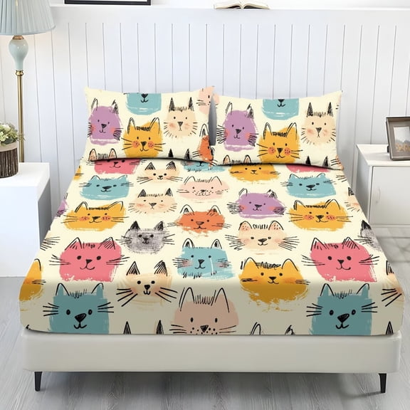 ZIATUBLES Cute Cat Leopard Print Sheets Set 3 Pcs Twin Size, Cooling Polyester Spandex Bed Sheets Set with Wrinkle Resistant Standard Pocket 9.8 Inches(1 Fitted Sheet, 2 Pillowcase)
