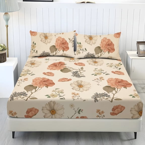 ZIATUBLES Daisy Floral Printed Twin Sheet Set, 3 Piece Soft Bed Sheets with 9.8 Inches Standard Pocket Fitted Sheet and 2 Pillowcases, Pinted Bedroom Decor Easy to Care