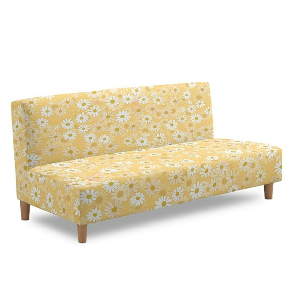 ZIATUBLES Daisy Yellow Pinrted Elastic Futon Cover for Armless Sofa, Stretch Couch Slipcover Dustproof Machine Washable Soft Furniture Protector Sofa Bed Cover for Living Room