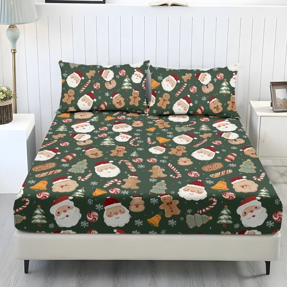 ZIATUBLES Dark Green Bedding Sheets King Size, 3-PieceSoft Cooling Bed Sets with 1 Elasticed Fitted Sheet and 2 Pillowcases, Christmas Decor Accessories, Santa Claus Gingerbread Man Printed
