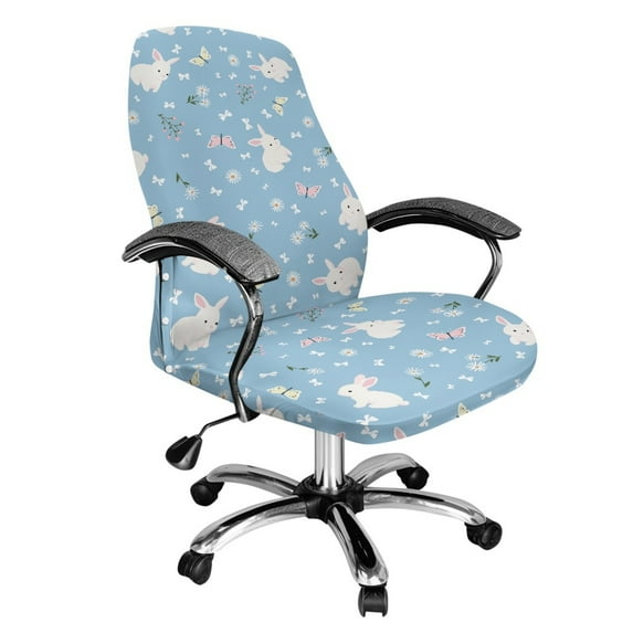 ZIATUBLES Desk Chair Cover Dustproof Soft Fit Universal Rotating Chair Slipcovers Removable Furniture Protector Cover with Snap Button, S, Cartoon Rabbit Butterfly Bow Flower Light Blue
