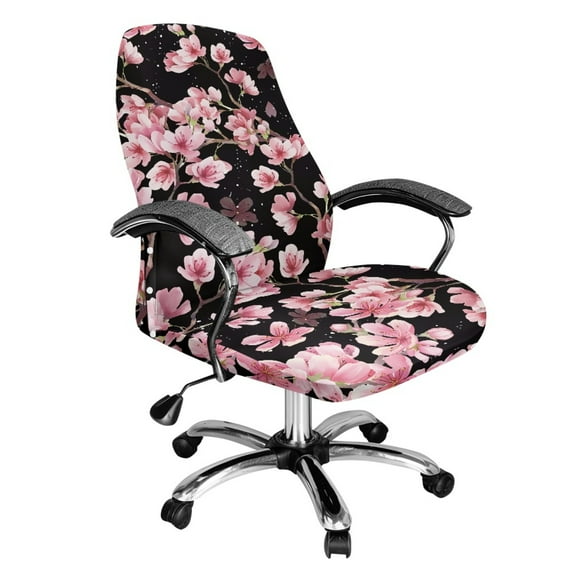 ZIATUBLES Desk Office Chair Covers Stretchable Removable Computer Rotating Chair Slipcover with Snap Button Stylish Furniture Protector Cover for High Back Chair Seat Backrest, L, Peach Blossom Black