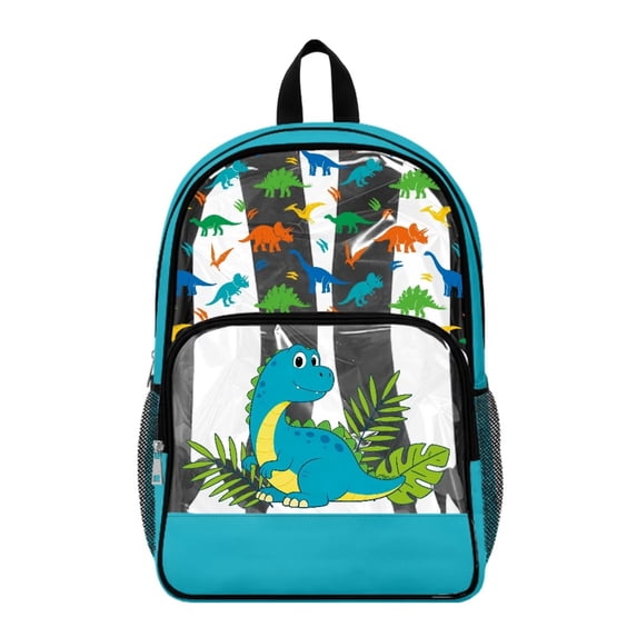 ZIATUBLES Dinosaur Leaf Print Clear Backpack Heavy Duty, Fabric & PVC Transparent Backpack with Front Pockets & Side Mesh, See Through Bookbag for School College Security