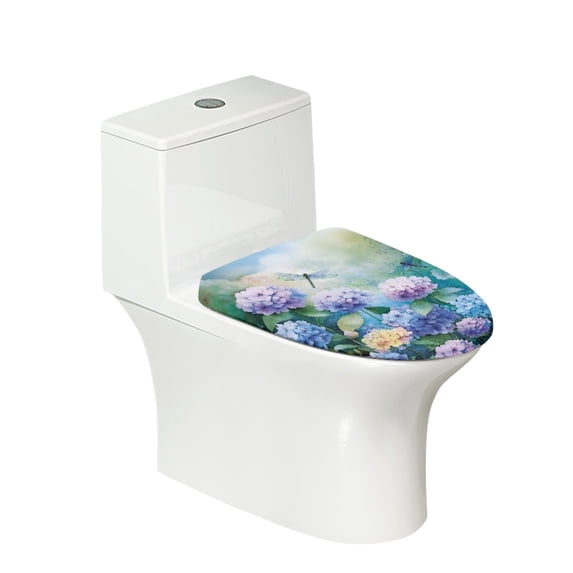 ZIATUBLES Dragonfly Hydrangea Print Universal Fit Toilet Lid Cover with Elastic Edges Washable Reusable Stretchable Fabric for Most Lids Bathroom Decor Accessories