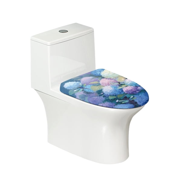 ZIATUBLES Dragonfly Hydrangea Print Washable Stretch Fabric Toilet Bowl Lid Cover with Elastic Edges Fits Round Oval Elongated Lids Bathroom Decor Accessories